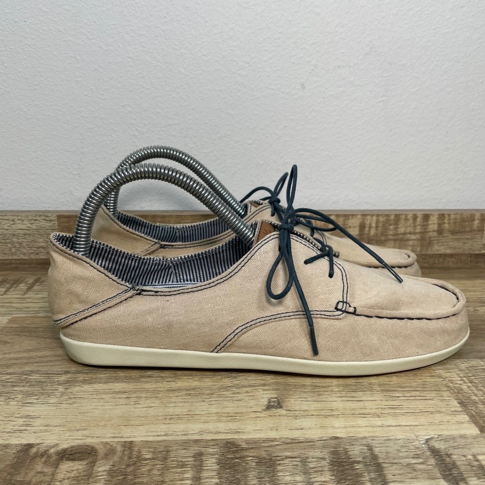 OluKai Heleuma Canvas Tan Sand Lace Up Boat Shoes Sneakers Womens 8